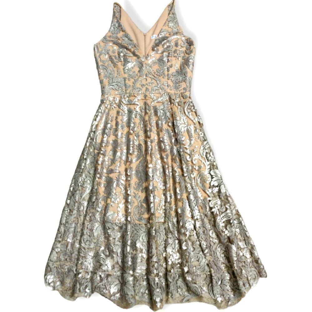 DRESS THE POPULATION NUDE SILVER SEQUIN EMBROIDERY EVENING MIDI SEXY DRESS SZ M